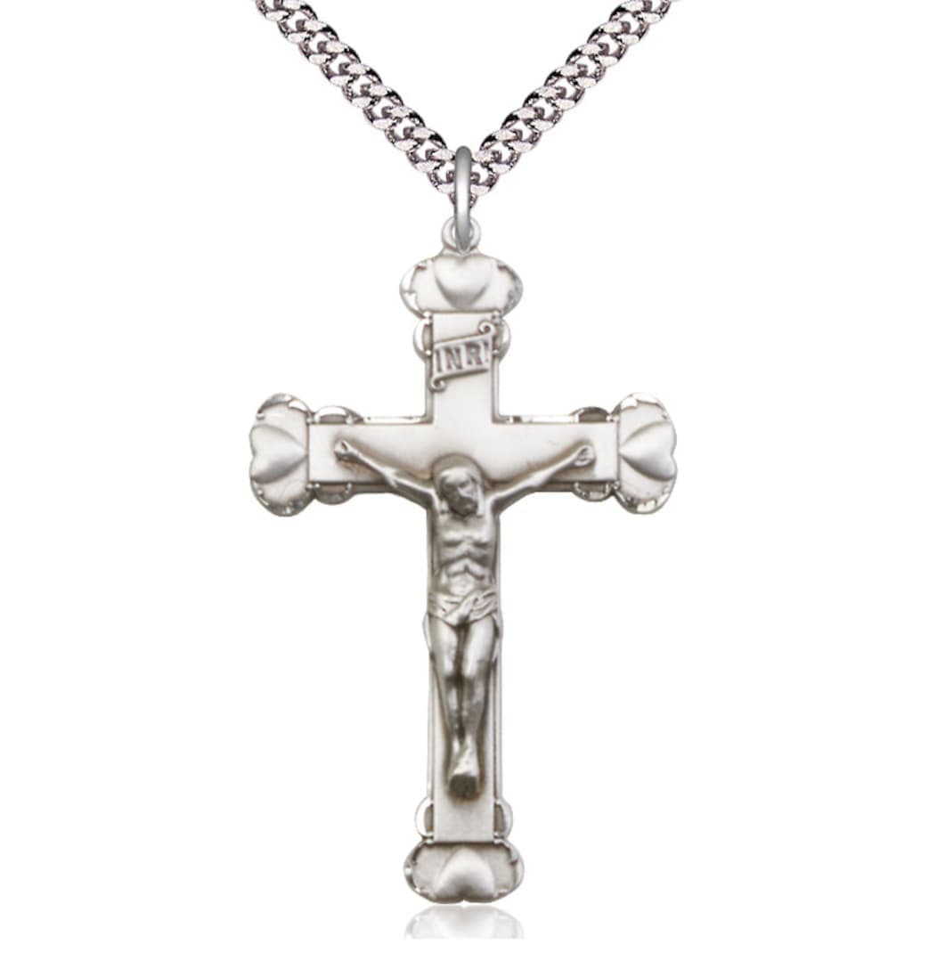 Bliss Manufacturing Medium Heart Tip Crucifix Pewter Medal Necklace,