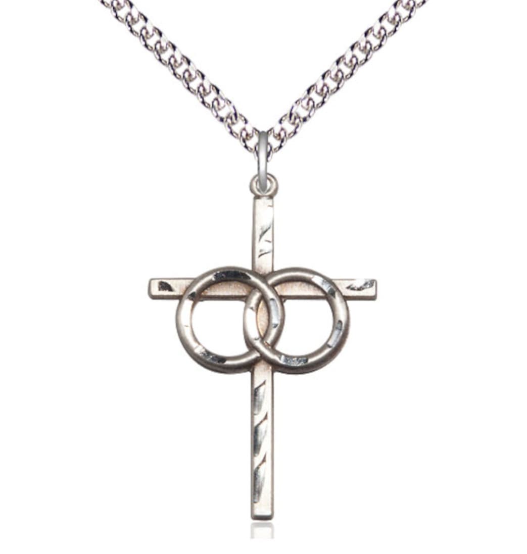 Bliss Wedding Rings Cross Sterling Silver Medal Necklace with Sterling Silver Chain,