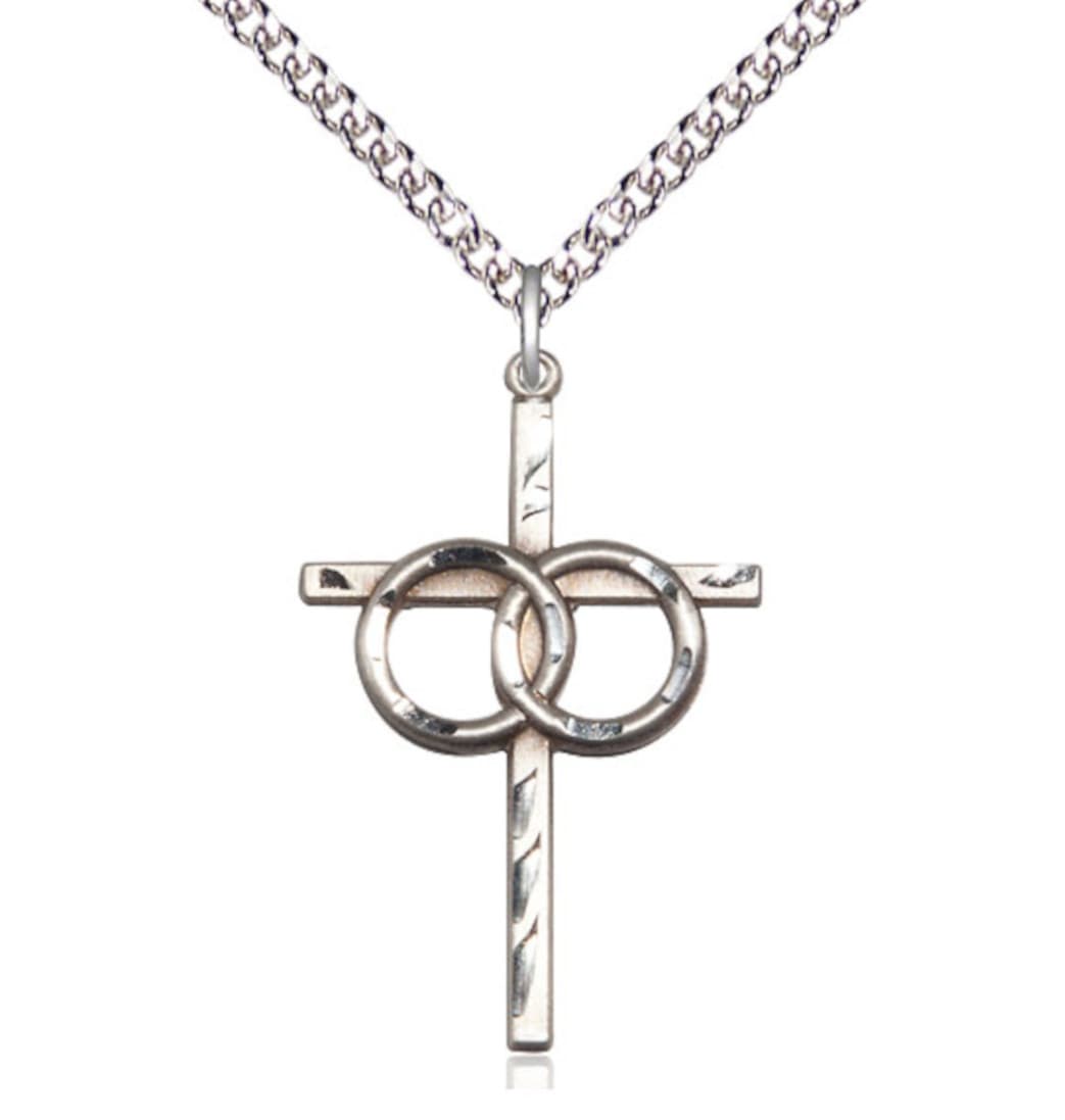 Bliss Wedding Rings Cross Sterling Silver Medal Necklace with Plated Chain,