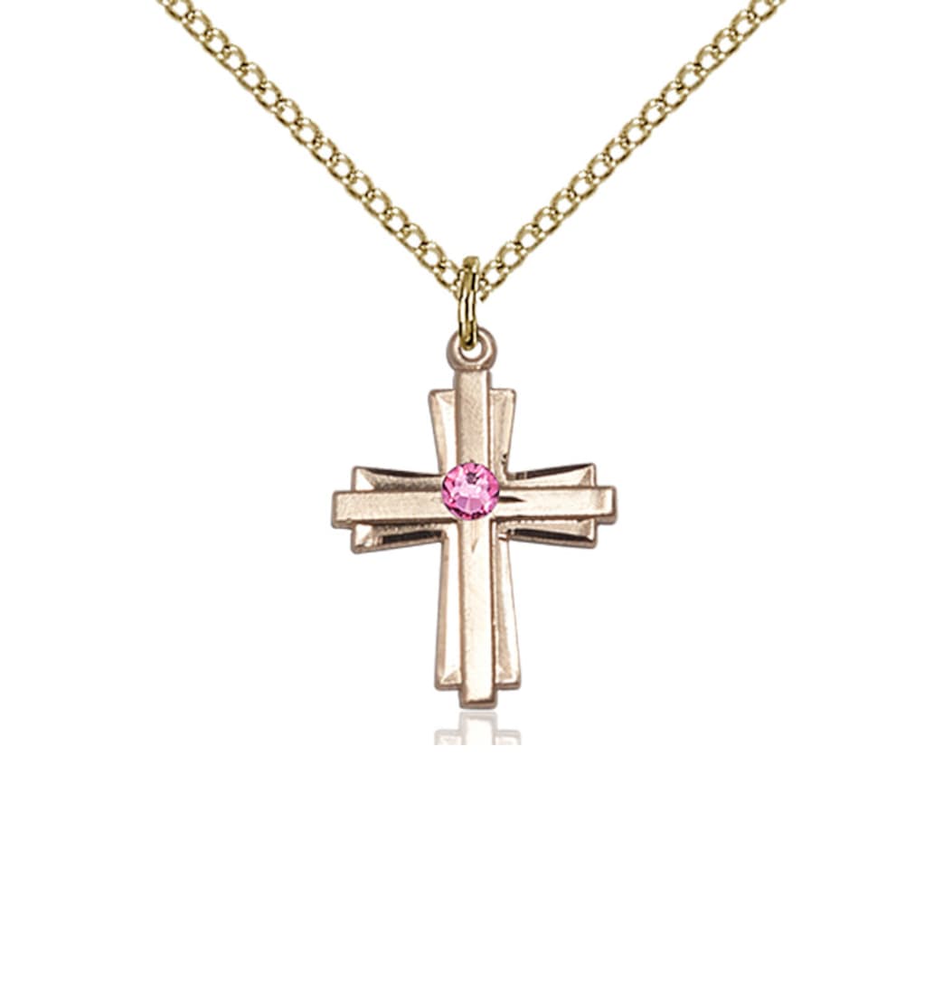 Bliss Birthstone 14kt Gold Double Cross Pendant w/Rose Austrian Crystals,October Birthstone,