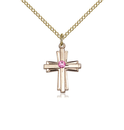 Oct Rose Birthstone 14kt Gold Double Cross Pendant with Austrian Crystal with Chain, Bliss Manufacturing