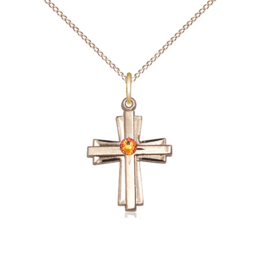 Bliss Birthstone 14kt Gold Double Cross Pendant w/Topaz Austrian Crystals,November Birthstone,