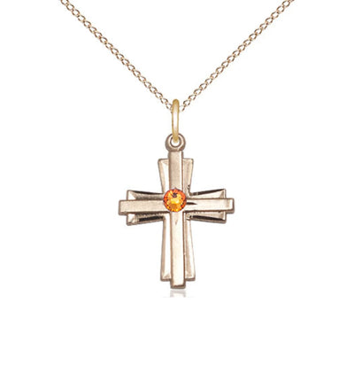 Nov Topaz Birthstone 14kt Gold Double Cross Pendant with Austrian Crystal with Chain, Bliss Manufacturing