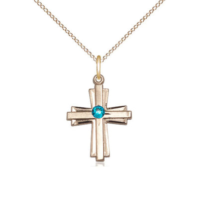 Dec Zircon Birthstone 14kt Gold Double Cross Pendant with Austrian Crystal with Chain, Bliss Manufacturing