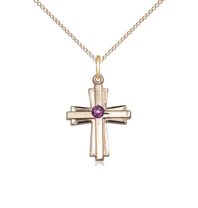 Feb Amethyst Birthstone 14kt Gold Double Cross Pendant with Austrian Crystal with Chain, Bliss Manufacturing
