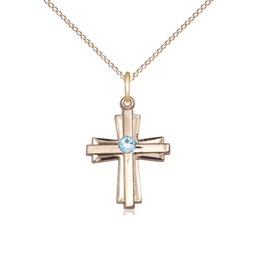 Bliss Birthstone 14kt Gold Double Cross Pendant w/Aqua Austrian Crystals,