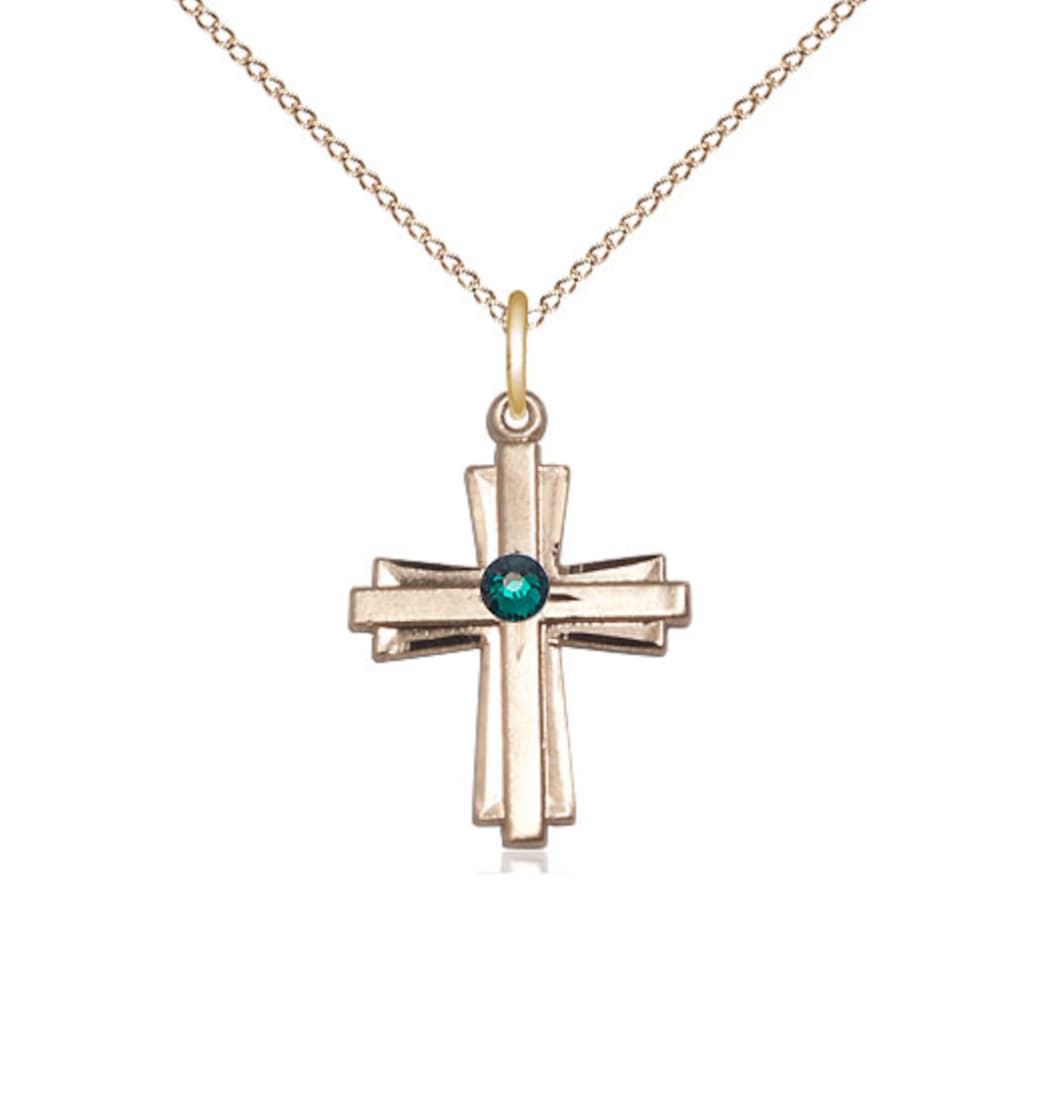 Bliss Birthstone 14kt Gold Double Cross Pendant w/Emerald Austrian Crystals,