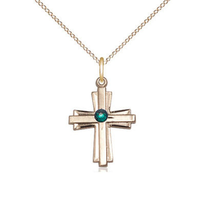 May Emerald Birthstone 14kt Gold Double Cross Pendant with Austrian Crystal with Chain, Bliss Manufacturing