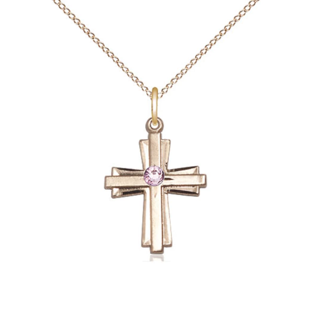 Bliss Birthstone 14kt Gold Double Cross Pendant w/Light Amethyst Austrian Crystals,June Birthstone,