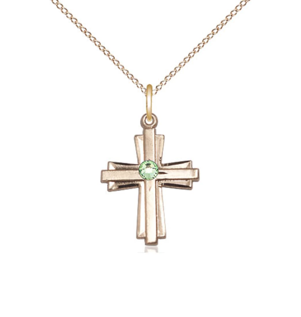 Bliss Birthstone 14kt Gold Double Cross Pendant w/Peridot Austrian Crystals,