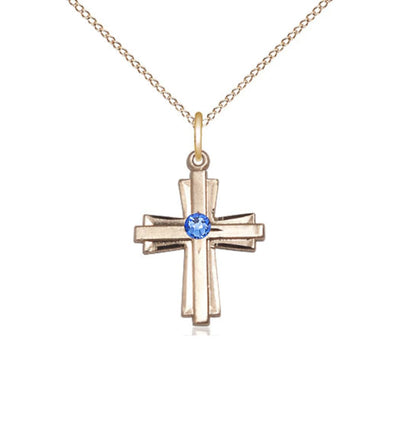 Sep Sapphire Birthstone 14kt Gold Double Cross Pendant with Austrian Crystal with Chain, Bliss Manufacturing