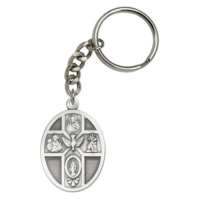 5-Way Cross with Holy Spirit Dove Pewter Key Chain, Made in USA, Bliss Manufacturing