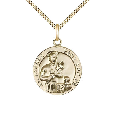 St. Gerard with Cross and Skull 14kt Gold-filled Medal with gold-plated chain, Measures 7/8-inch tall by 3/4-inch wide, Bliss Manufacturing