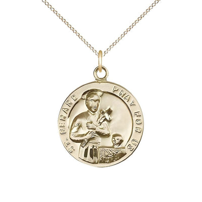 St. Gerard with Cross and Skull 14kt Gold-filled Medal with gold-filled chain, Measures 7/8-inch tall by 3/4-inch wide, Bliss Manufacturing