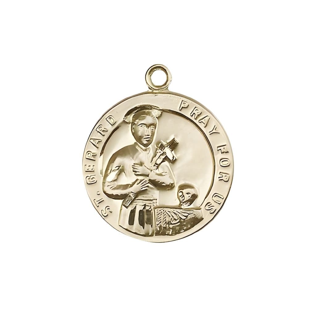 Bliss St. Gerard with Cross and Skull 14kt Gold Medal, Measures 7/8-inch tall by 3/4-inch wide
