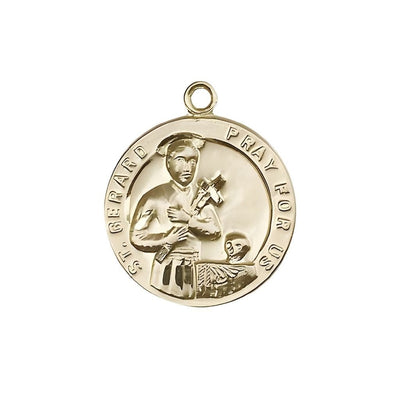 St. Gerard with Cross and Skull 14kt Gold Medal, Measures 7/8-inch tall by 3/4-inch wide, Bliss Manufacturing