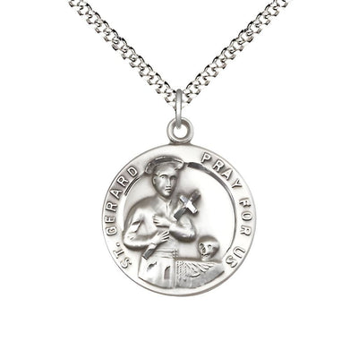 St. Gerard with Cross and Skull Sterling Silver Medal with rhodium-plated chain, Measures 7/8-inch tall by 3/4-inch wide, Bliss Manufacturing
