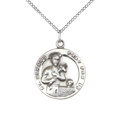St. Gerard with Cross and Skull Sterling Silver Medal with sterling chain, Measures 7/8-inch tall by 3/4-inch wide, Bliss Manufacturing