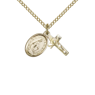 Miraculous and Crucifix 14kt Gold-filled Pendant Necklace, Miraculous Medal 1/2" x 1/4" and the Crucifix 1/2" x 1/4", Bliss Manufacturing