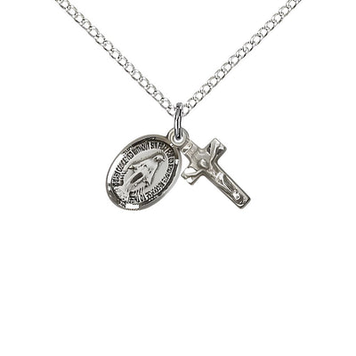 Miraculous and Crucifix Sterling Silver Pendant Necklace, Miraculous Medal 1/2" x 1/4" and the Crucifix 1/2" x 1/4", Bliss Manufacturing