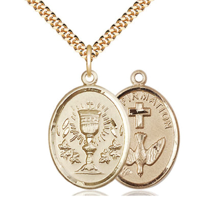 Two Sided 14kt Gold Filled Chalice / Confirmation Medal Pendant on a Gold Plated Heavy Curb Chain, Bliss Manufacturing