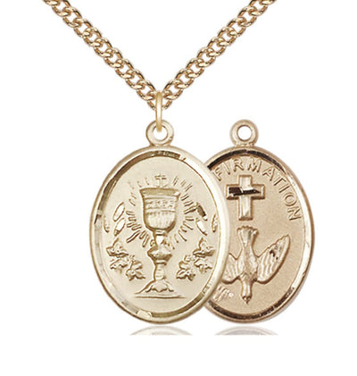 Two Sided 14kt Gold Filled Chalice / Confirmation Medal Pendant on a Gold Filled Heavy Curb Chain, Bliss Manufacturing
