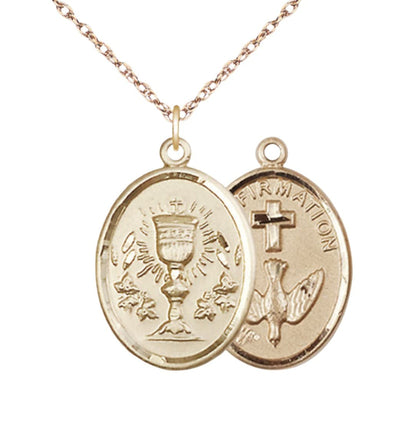 Two Sided 14kt Gold Chalice / Confirmation Medal Pendant on a 24 inch 14kt Gold Light Rope Chain, Bliss Manufacturing
