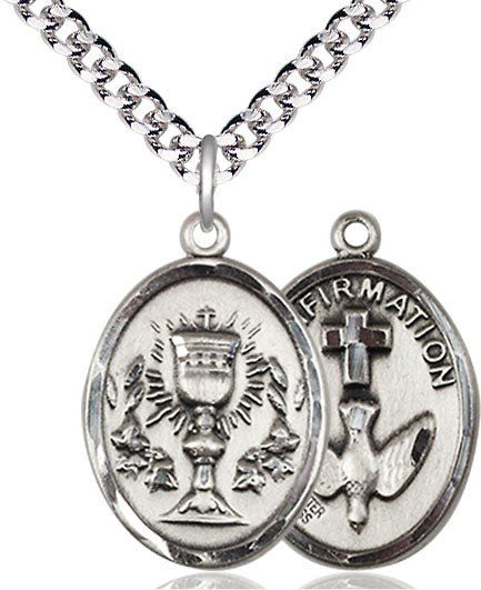 Bliss Two Sided Pewter Chalice / Confirmation Medal Pendant on a Rhodium Plated Heavy Curb Chain,