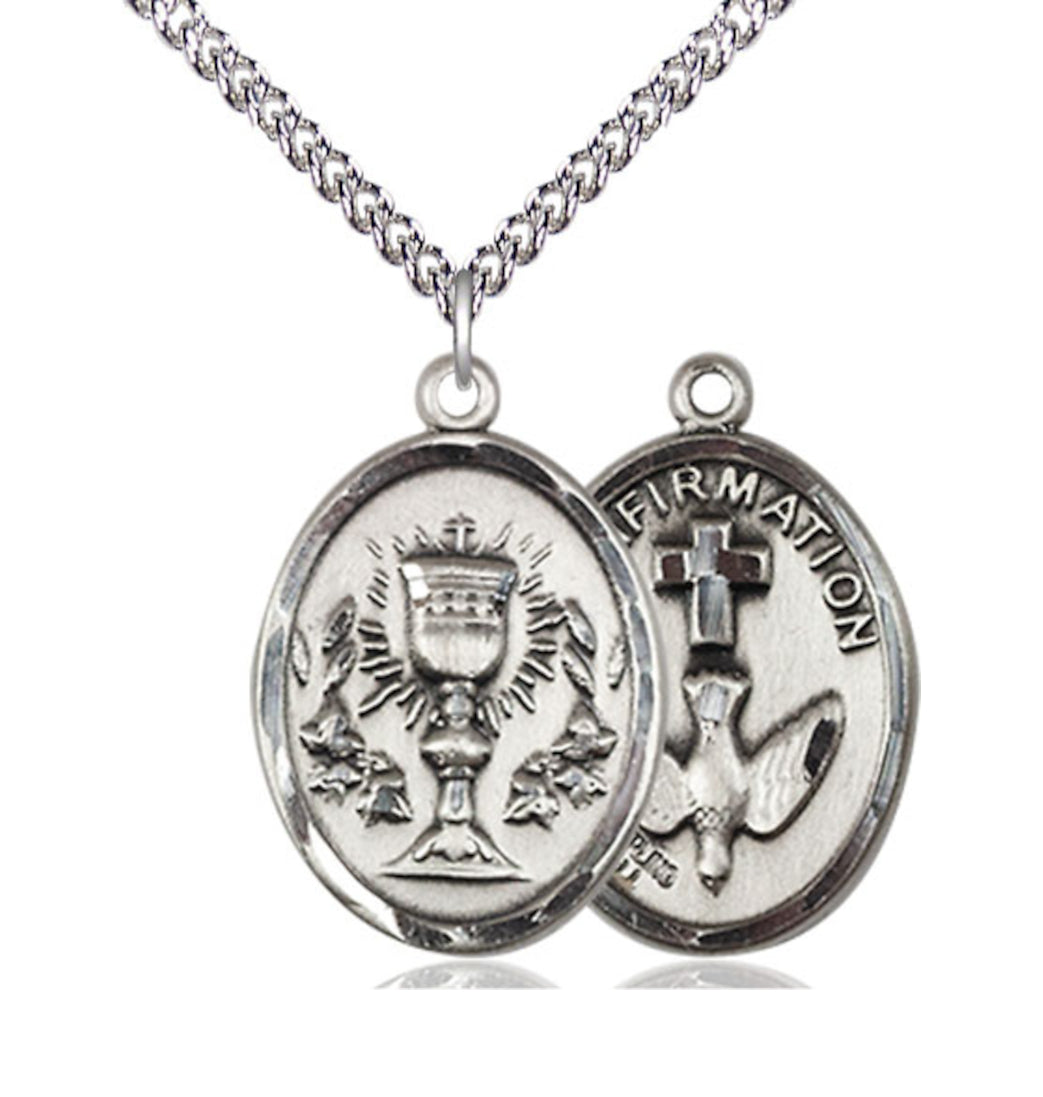 Bliss Two Sided Sterling Silver Chalice / Confirmation Medal Pendant on a Sterling Silver Heavy Curb Chain,