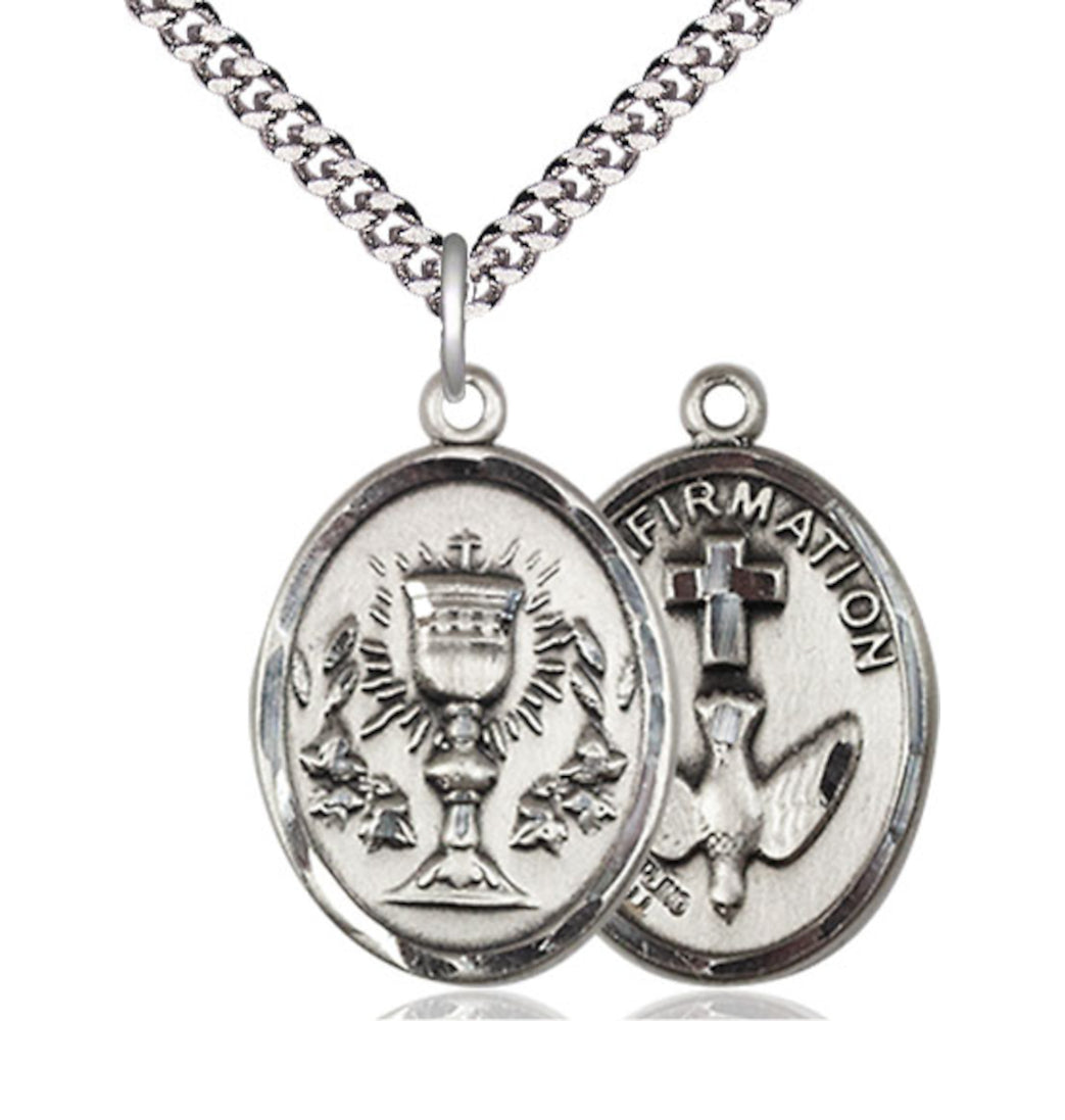 Bliss Two Sided Pewter Chalice / Confirmation Medal Pendant on a Light Rhodium Plated Heavy Curb Chain