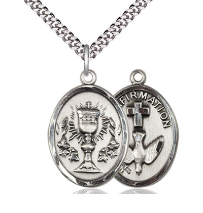 Two Sided Pewter Chalice / Confirmation Medal Pendant on a Light Rhodium Plated Heavy Curb Chain, Bliss Manufacturing