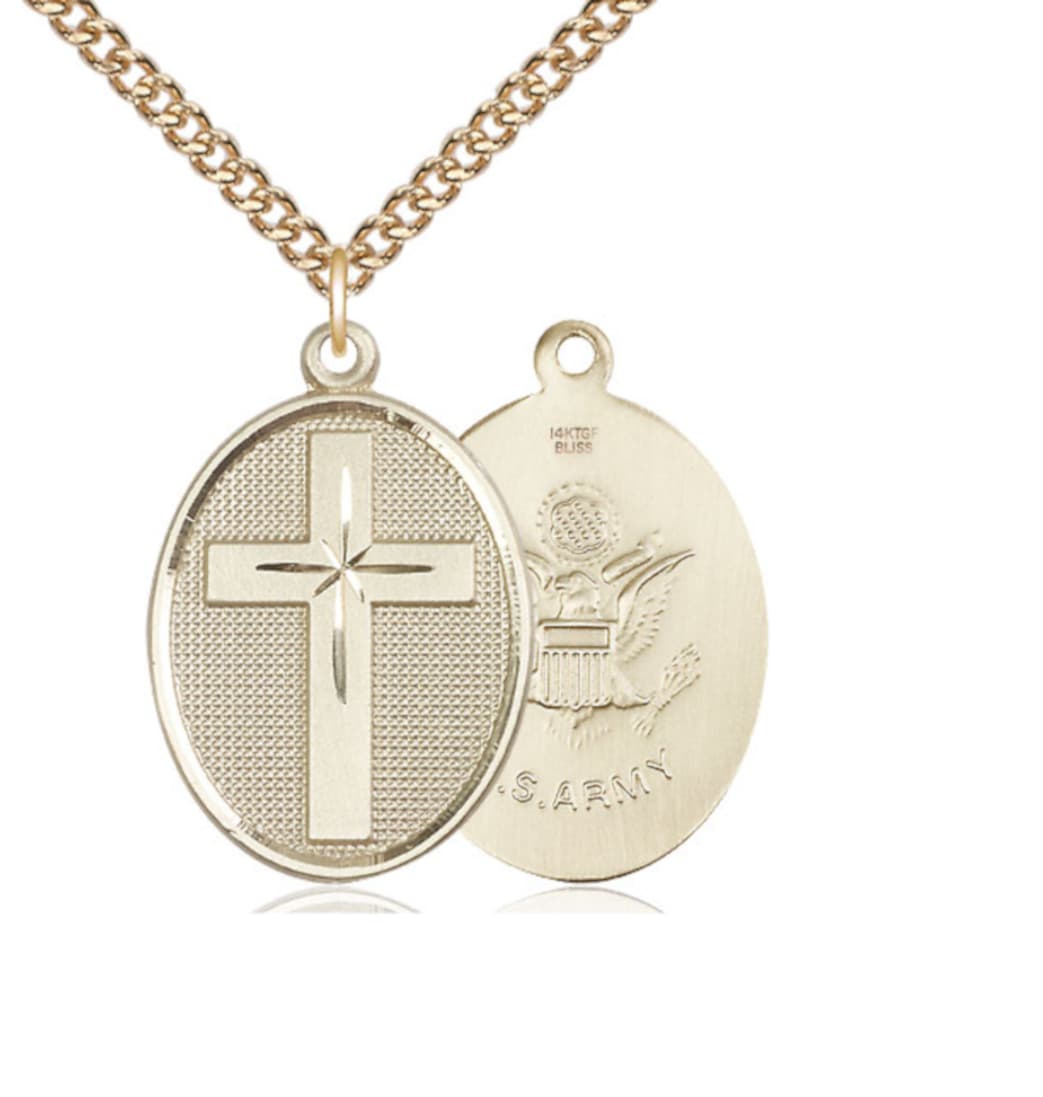 Bliss Manufacturing Oval Army Christian Cross Gold-filled Medal Necklace with Gold-filled Chain,