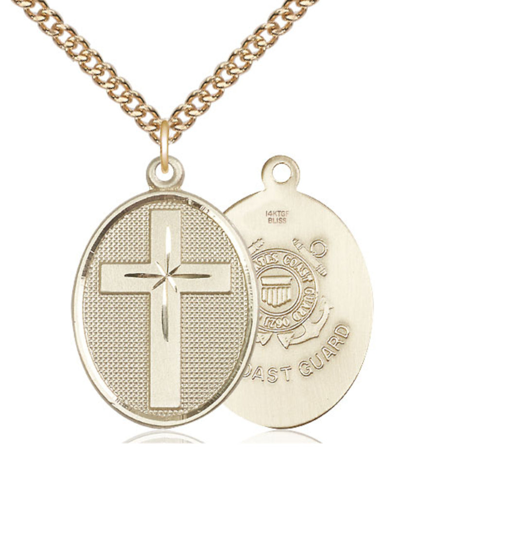 Bliss Manufacturing Coast Guard Christian Cross Gold-filled Medal Necklace with Gold-filled Chain,