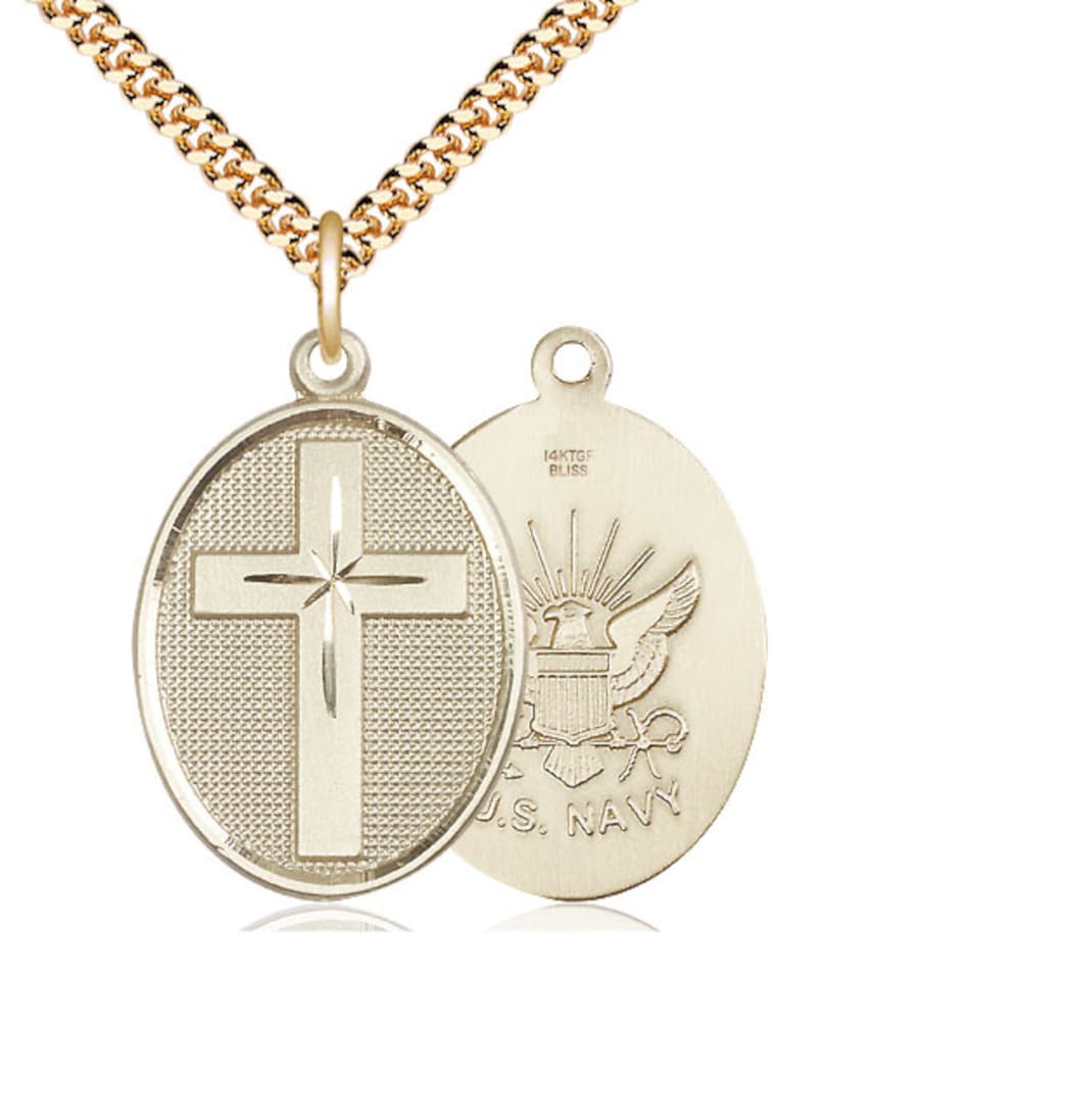 Bliss Manufacturing Navy Christian Cross Gold-filled Medal Necklace with Plated Chain,