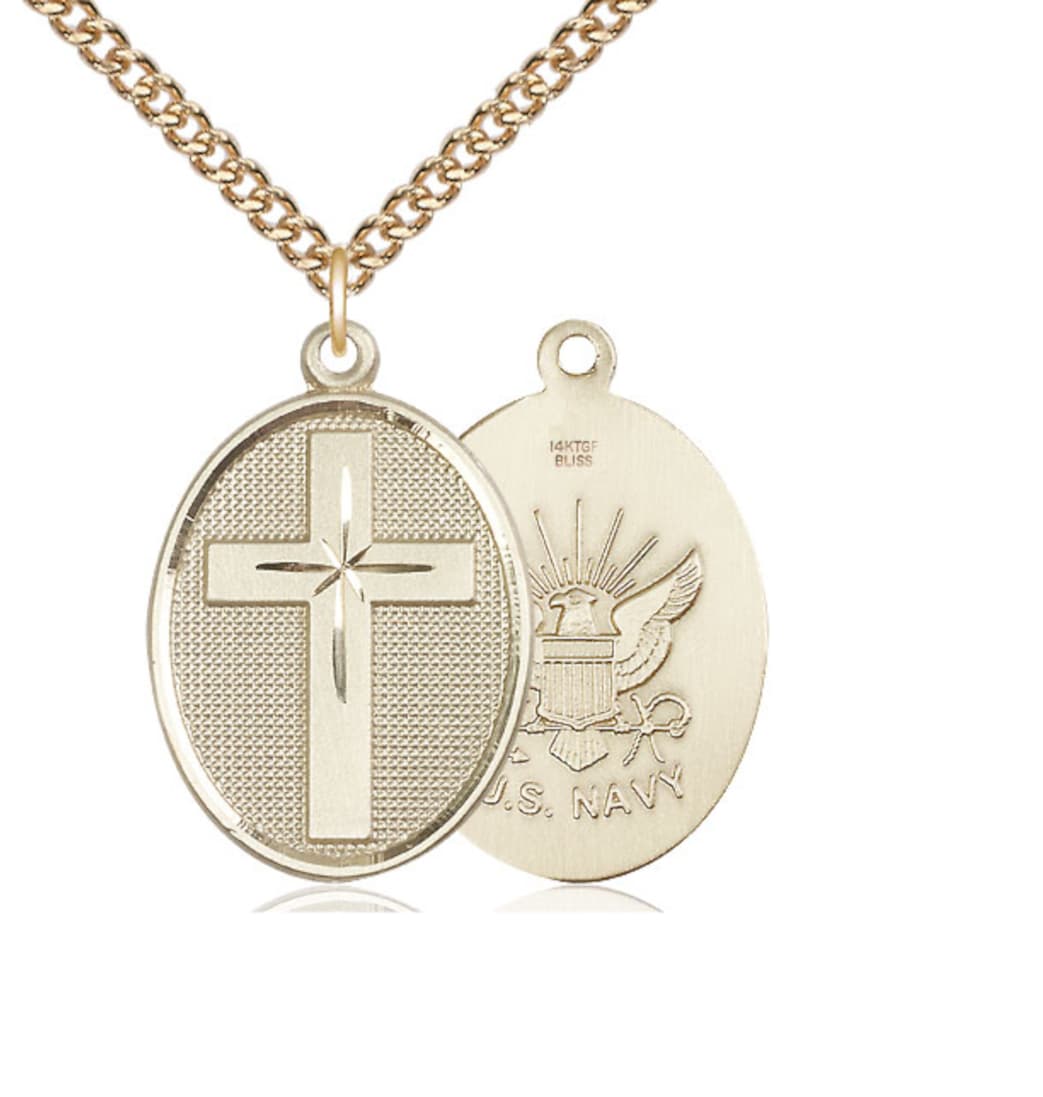 Bliss Manufacturing Navy Christian Cross Gold-filled Medal Necklace with Gold-filled Chain,