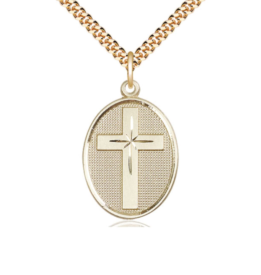 Bliss Manufacturing Engravable Oval Christian Cross Gold-filled Medal Necklace