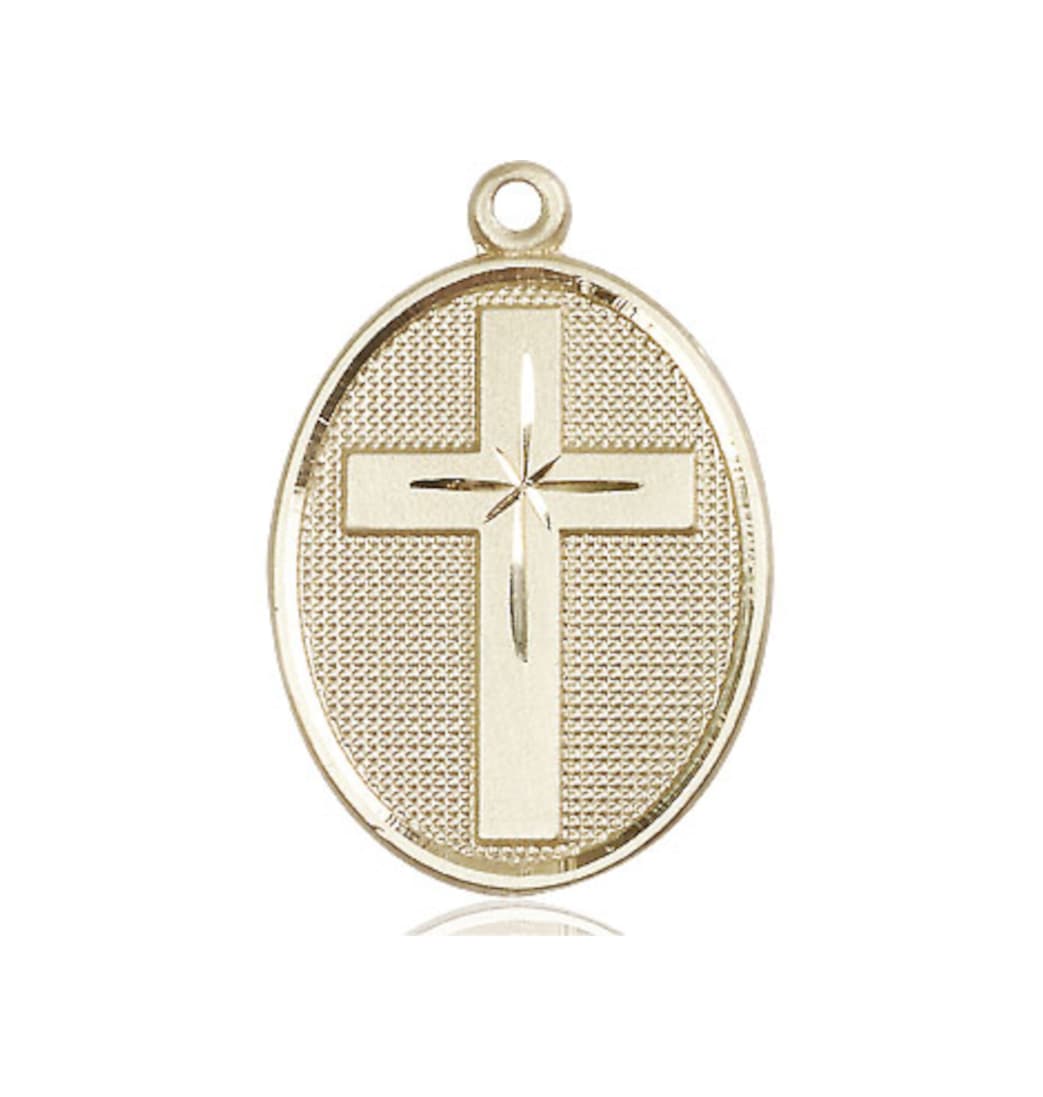 Bliss Manufacturing Engravable Oval Christian Cross 14kt Gold Medal,