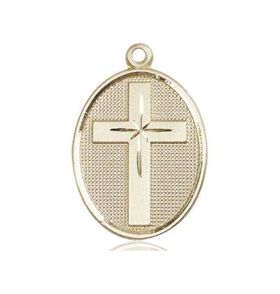 Engravable Oval Christian Cross 14kt Gold Medal, Bliss Manufacturing