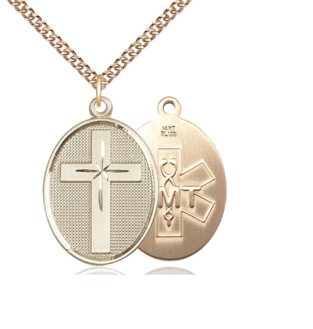 Bliss Manufacturing EMT Christian Cross 14kt Gold Medal with 14kt Chain,