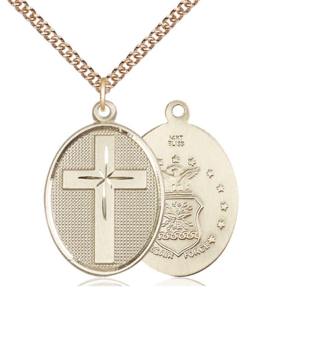 Bliss Manufacturing Air Force Christian Cross 14kt Gold Medal Necklace with 14kt Chain,