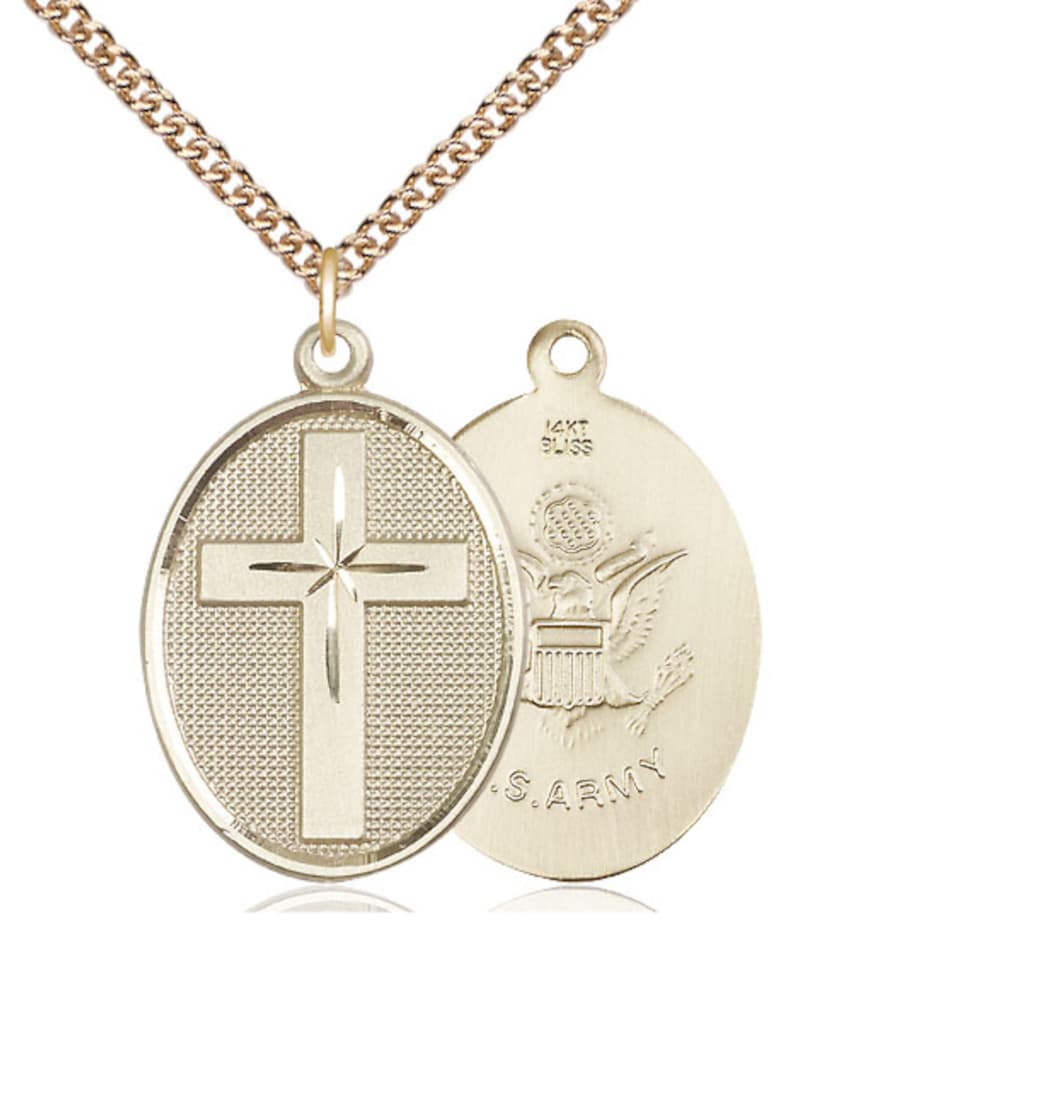 Bliss Manufacturing Oval Army Christian Cross 14kt Gold Medal Necklace with 14kt Gold Chain,