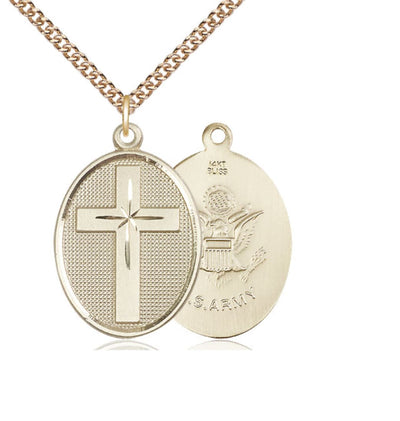 Oval Army Christian Cross 14kt Gold Medal Necklace with 14kt Gold Chain, Bliss Manufacturing