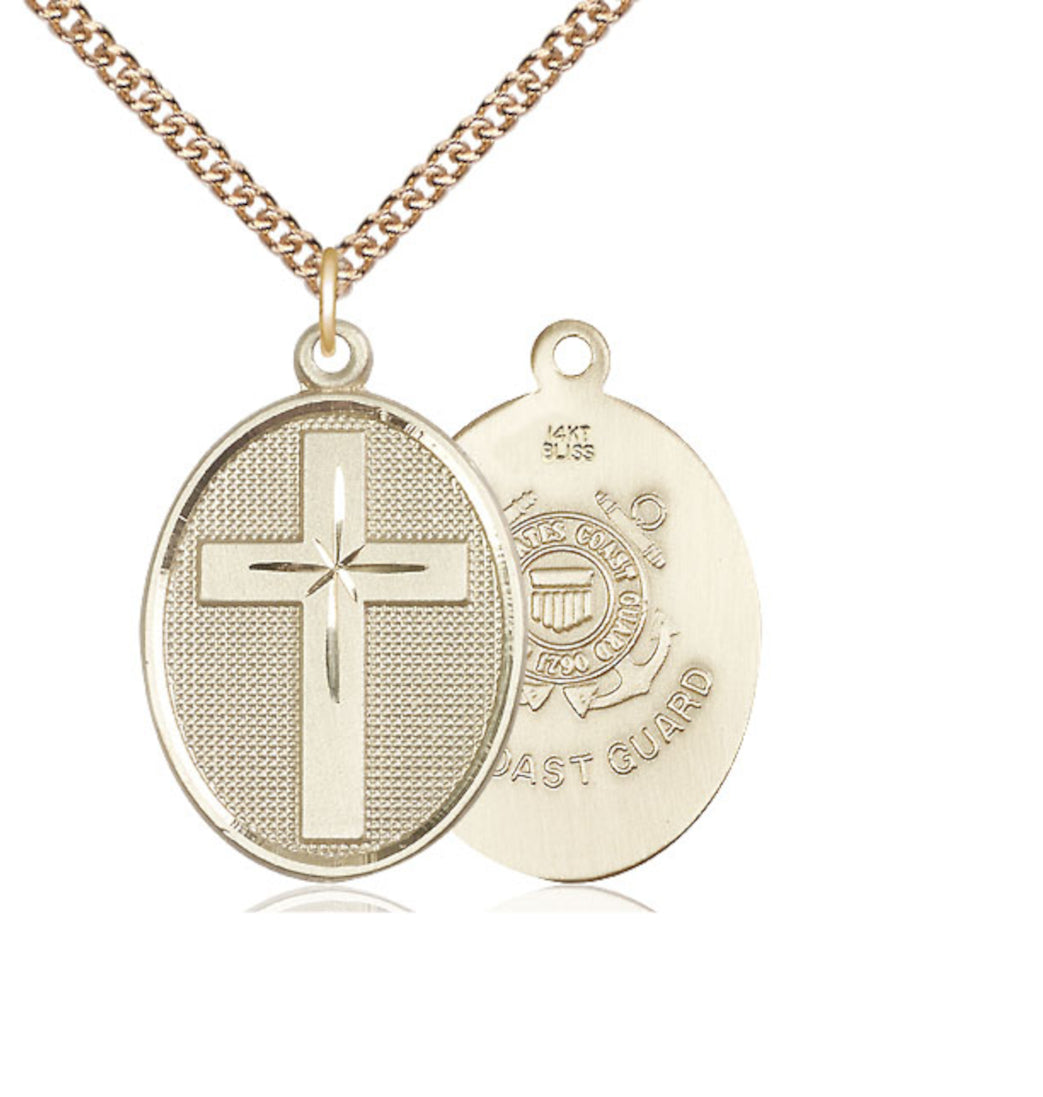 Bliss Manufacturing Coast Guard Christian Cross 14kt Gold Medal with 14kt Gold Chain,