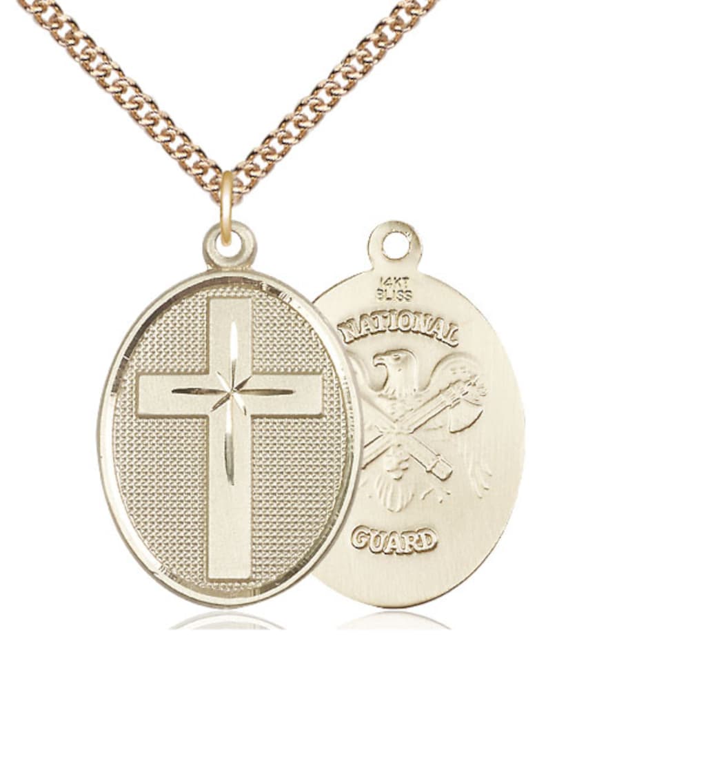 Bliss Manufacturing National Guard Christian Cross 14kt Gold Medal Necklace w/14kt Gold Chain,