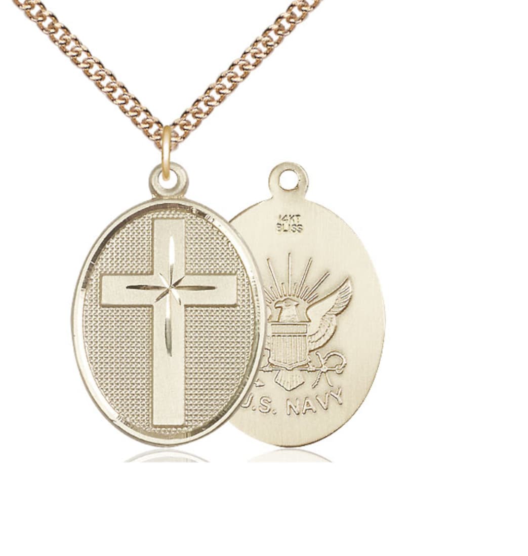 Bliss Manufacturing Navy Christian Cross 14kt Gold Medal Necklace with 14kt Gold Chain,