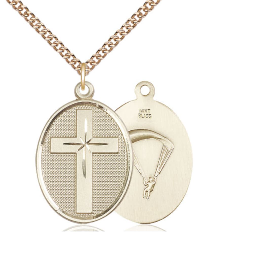 Bliss Manufacturing Paratrooper Christian Cross 14kt Gold Medal Necklace with 14kt Chain,