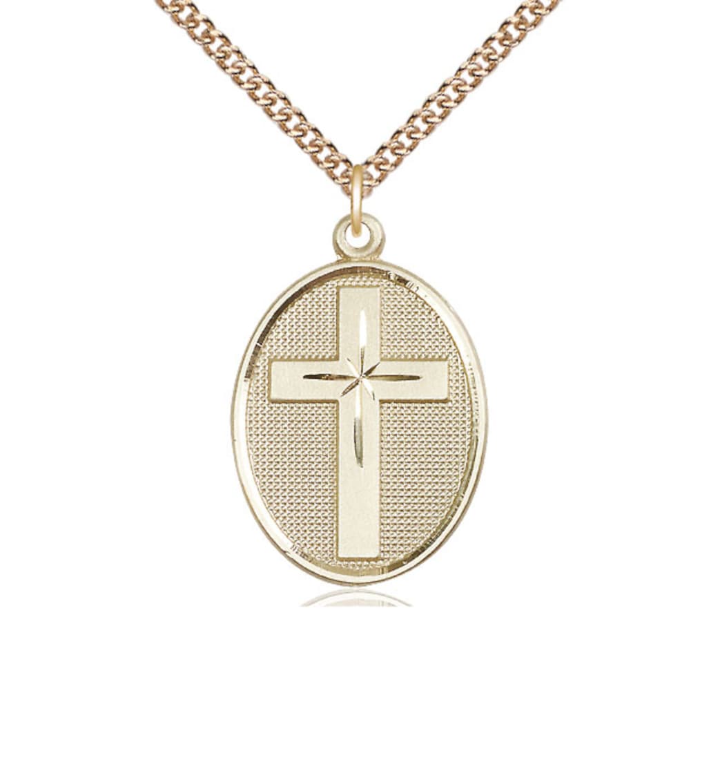 Bliss Manufacturing Engravable Oval Christian Cross 14kt Gold Medal Necklace w/14kt Chain,