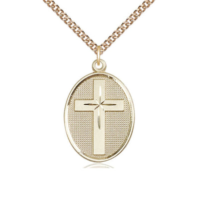 Engravable Oval Christian Cross 14kt Gold Medal Necklace w/14kt Chain, Bliss Manufacturing