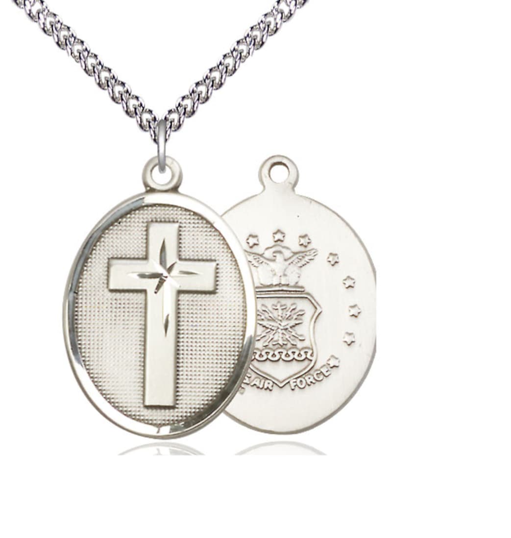 Bliss Manufacturing Air Force Christian Cross Sterling Silver Medal Necklace with Sterling Chain,