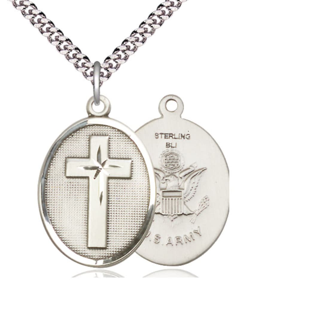 Bliss Manufacturing Oval Army Christian Cross Sterling Medal Necklace,